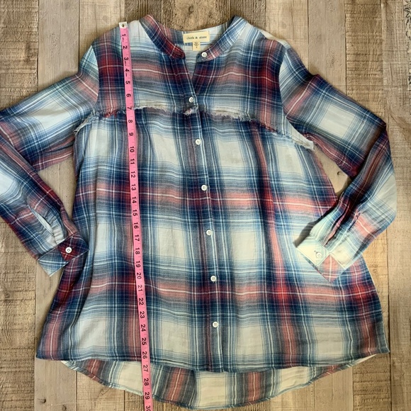 Anthropologie Cloth & Stone Red Blue Cotton Plaid Collarless Button Front Top S - Picture 9 of 13